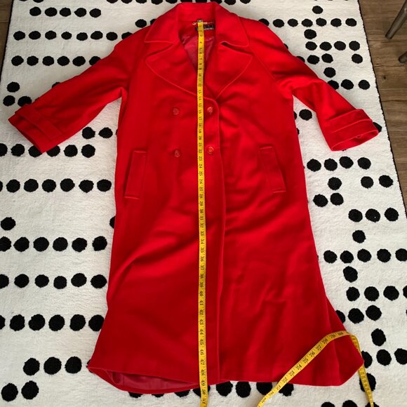 Vintage 90s Red Wool Cashmere Long Overcoat Double Breasted Belted Trench Coat - Picture 16 of 16